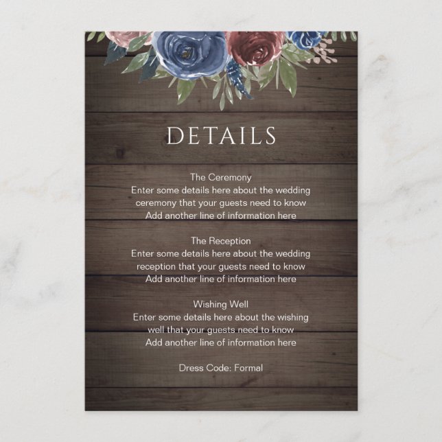 Burgund und Navy Blush Floral Rustic Wood Wedding Begleitkarte (Vorderseite)