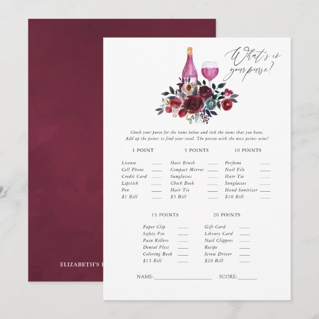 Burgund und Navy Brautparty Degustation Einladung (Vorne/Hinten)