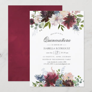 Burgund und Navy Floral Aquarell Quinceañera Einladung