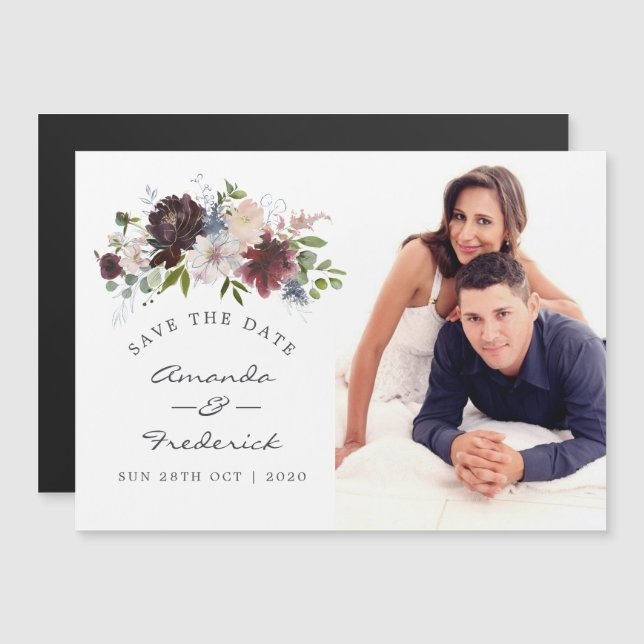 Burgund und Navy-Floral-Hochzeit speichern Sie das Magneteinladung (Vorne/Hinten)