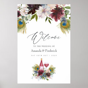 Burgund und Navy Pfau-Wein-Themenhochzeit Poster