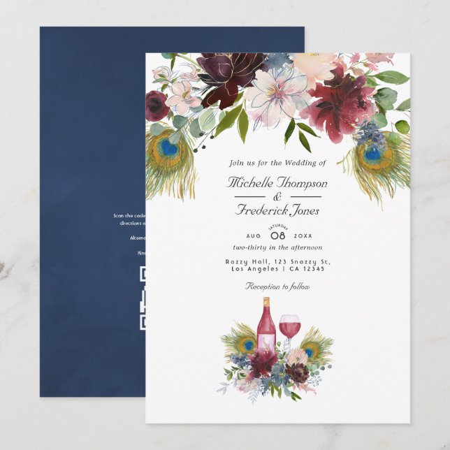 Burgund und Navy Pfauenwein Degustation Hochzeit Einladung (Vorne/Hinten)