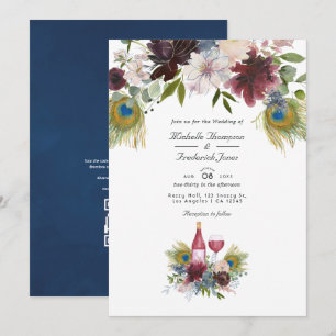 Burgund und Navy Pfauenwein Degustation Hochzeit Einladung