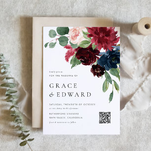 Burgund- und Navyblau-Blumen QR-Code-Hochzeit Magneteinladung