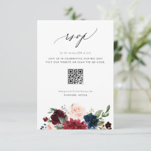 Burgund- und Navyblaue Blumen QR-Code-Hochzeit RSVP Karte