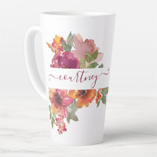 Burgund und orange Aquarell-Blumen personalisiert Milchtasse