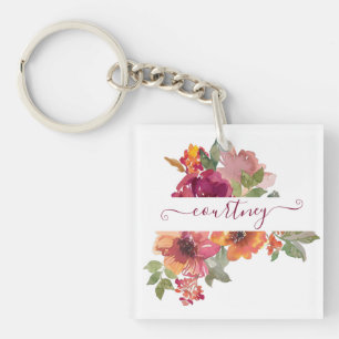 Burgund und orange Aquarell-Blumen personalisiert Schlüsselanhänger