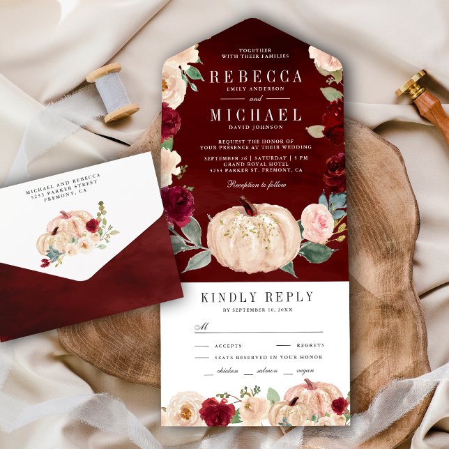 Burgund und Peach Floral Pumpkin Wedding All In One Einladung (Von Creator hochgeladen)