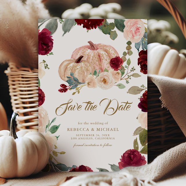 Burgund und Peach Floral Pumpkin Wedding Save The Date (Von Creator hochgeladen)
