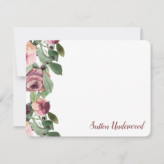 Burgund und Peach Floral Wasserfarbe Mitteilungskarte (Vorderseite)