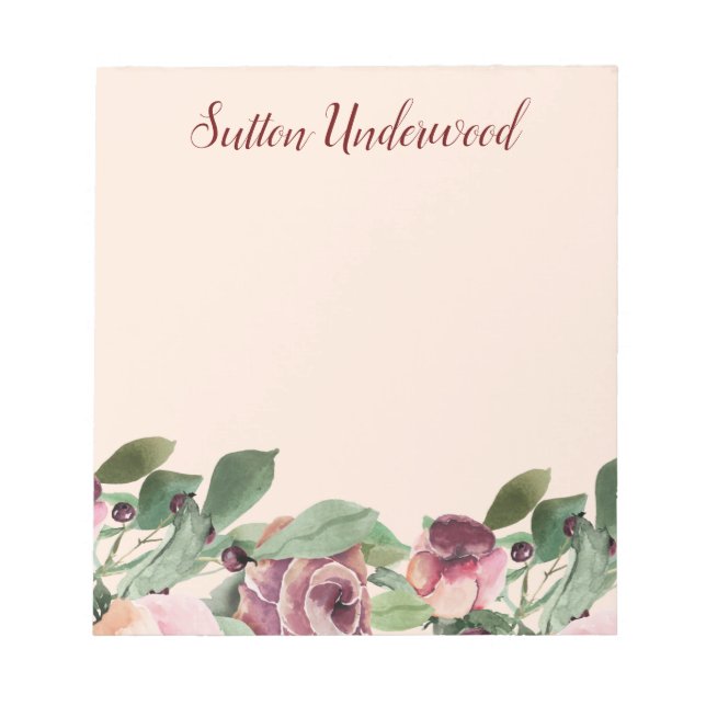 Burgund und Peach Floral Wasserfarbe Notizblock (Vorderseite)