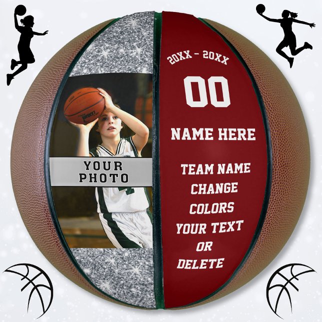 Burgund und Personalisierter Basketballball Basketball (Custom photo basketball, for Girls. Silver glitter look design. Burgundy and white basketball. )