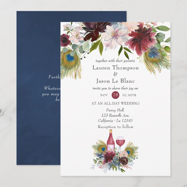 Burgund und Pfauenwein der Marine Hochzeit Einladung (Vorne/Hinten)