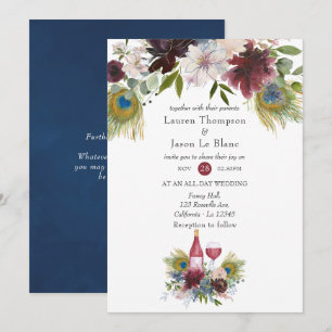 Burgund und Pfauenwein der Marine Hochzeit Einladung