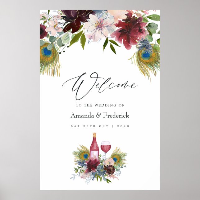 Burgund und Pfauenwein der Marine Hochzeit Poster (Vorne)