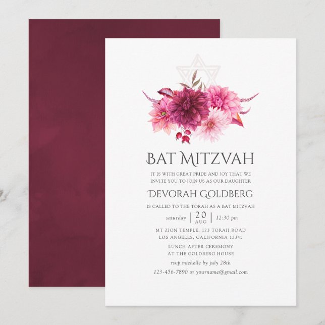Burgund und Pink Wasserfarbe Florale Fall Bat Mitz Einladung (Vorne/Hinten)