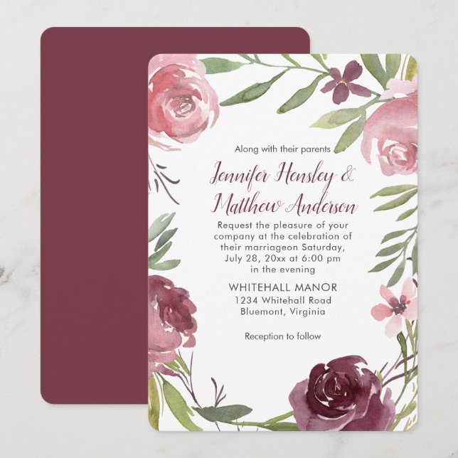 Burgund und Pink Wasserfarbe Rose Hochzeit | Einladung (Vorne/Hinten)