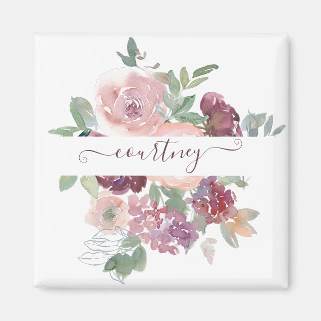 Burgund und rosa Aquarellblumen personalisiert Magnet (Vorne)