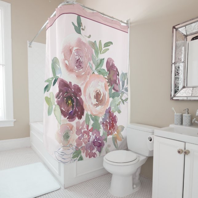 Burgund und rosa Aquarellblüte Duschvorhang (Beispiel)