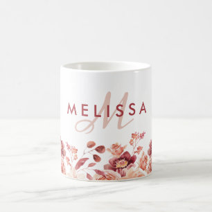 Burgund und rosa Blumen Aquarell-Name Monogramm Kaffeetasse