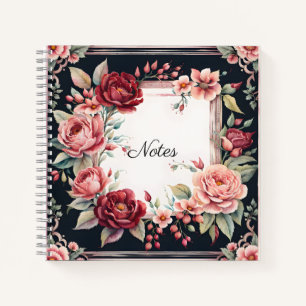 Burgund und rosa Blumen auf Schwarz Notizbuch