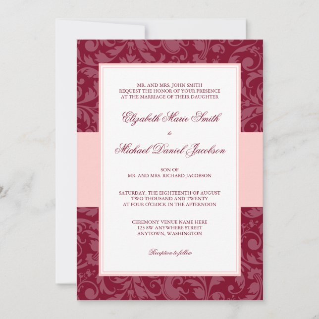 Burgund und Rosa Damast Swirl Hochzeit Einladung (Vorderseite)