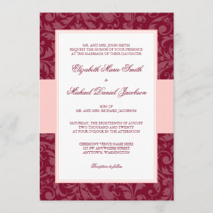 Burgund und Rosa Damast Swirl Hochzeit Einladung