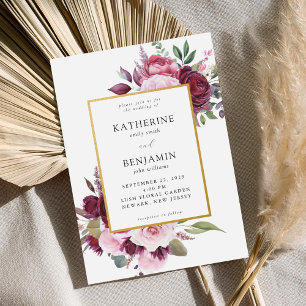 Burgund und Rosa Elegante Blumenhochzeit Einladung