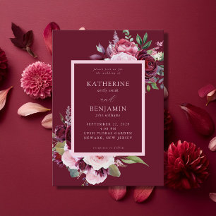Burgund und Rosa Elegante Blumenhochzeit Einladung