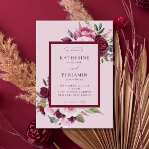 Burgund und Rosa Elegante Blumenhochzeit Einladung