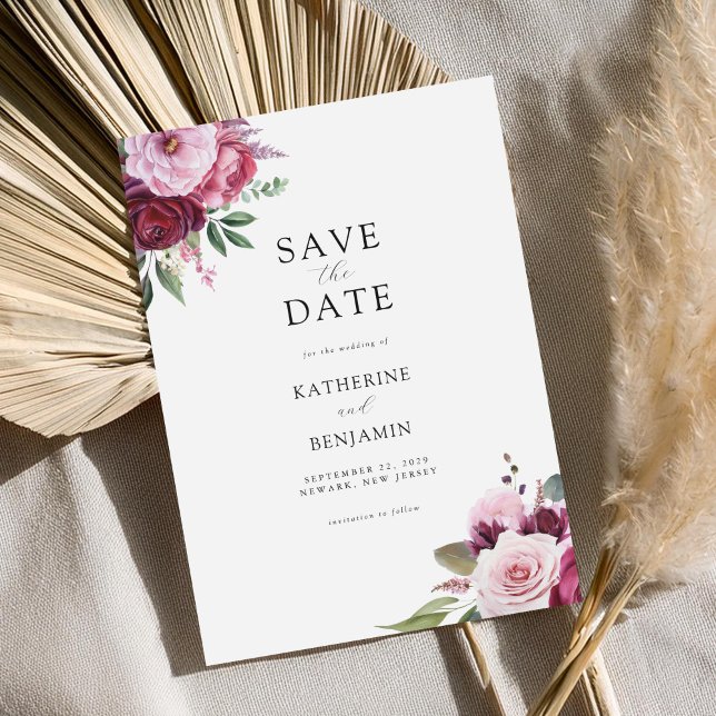 Burgund und Rosa Elegante Blumenhochzeit Save The Date (Von Creator hochgeladen)