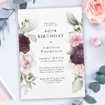 Burgund und Rosa Flora 60. Geburtstag Einladung<br><div class="desc">Feiern Sie einen Geburtstag mit dieser wunderschönen Aquarell-Rose mit der botanischen Geburtstagsfeier, die auf beiden Seiten des elegant platzierten Textes Blumenrahmen aufweist. Die Farben sind blassrosa, bordeauxrot und pflaumengrün, mit ätherischen Pflanzen und winzigen Blume mit weißem Akzent vermischt. Personalisieren Sie die Textvorlage mit Ihren Informationen. Sie können das Alter an...</div>