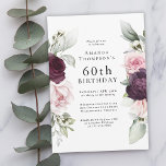 Burgund und Rosa Flora Elegant 60. Geburtstag Einladung<br><div class="desc">Feiern Sie mit dieser wunderschönen Party Einladung einen Geburtstag mit Blumenrahmen in Bordeaux und Rosa auf jeder Seite des elegant platzierten Textes. Die Farben sind blassrosa, bordeauxrot und pflaumengrün, mit ätherischen Pflanzen und winzigen Blume mit weißem Akzent vermischt. Personalisieren Sie die Textvorlage mit Ihren Informationen. Sie können das Alter an...</div>