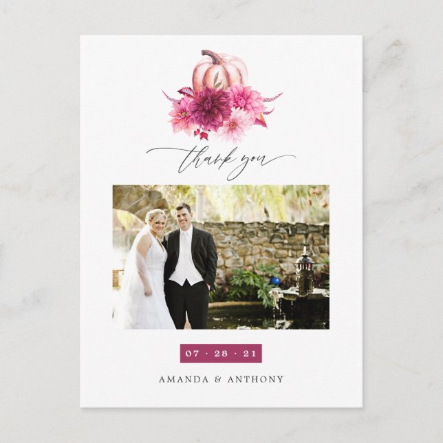 Burgund und Rosa Herbst Hochzeit im Herbst Danke Postkarte (Vorderseite)