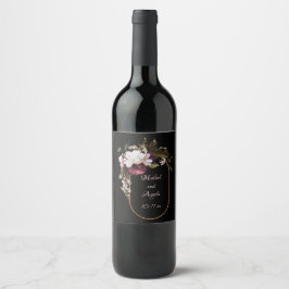 Burgund und Rosa Rosa Florals auf Schwarz Weinetikett