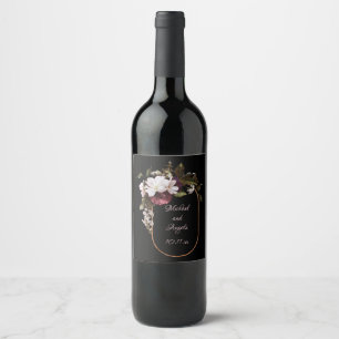 Burgund und Rosa Rosa Florals auf Schwarz Weinetikett