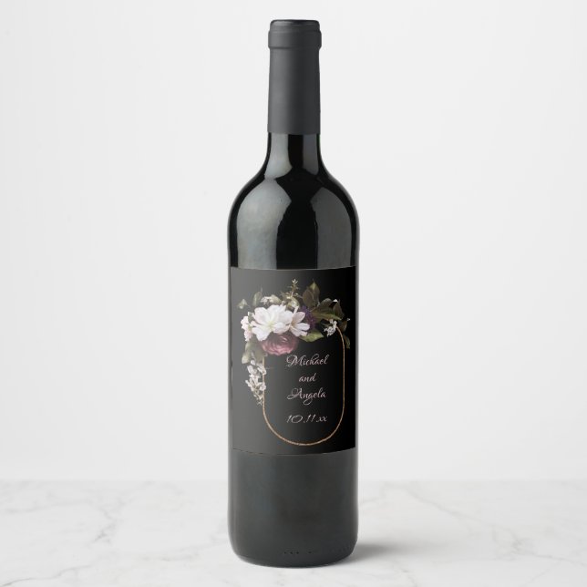 Burgund und Rosa Rosa Florals auf Schwarz Weinetikett (Vorderseite)