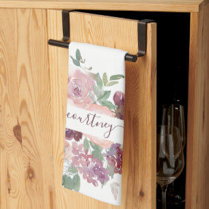 Burgund und rosa Wasserfarbe floral personalisiert Geschirrtuch