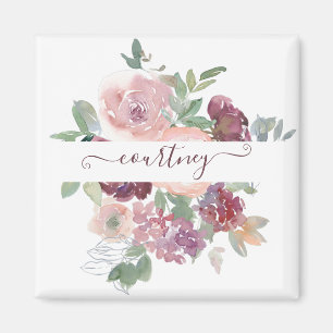 Burgund und rosa Wasserfarbe floral personalisiert Magnet