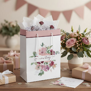 Burgund und rosa Wasserfarbe floral personalisiert Mittlere Geschenktüte