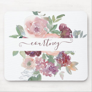Burgund und rosa Wasserfarbe floral personalisiert Mousepad