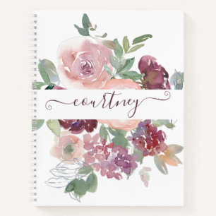 Burgund und rosa Wasserfarbe floral personalisiert Notizbuch