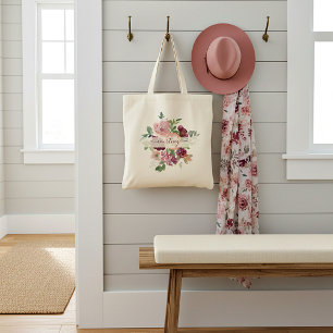 Burgund und rosa Wasserfarbe floral personalisiert Tragetasche