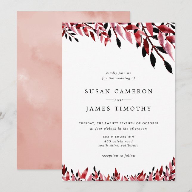 Burgund und Rose Blush Hochzeit im Herbst Einladung (Vorne/Hinten)