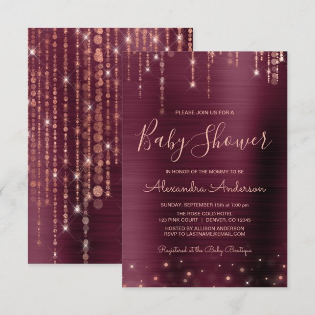 Burgund und Rose Gold Baby Dusche Party Einladung (Vorne/Hinten)