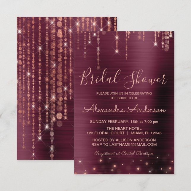Burgund und Rose Gold Brautparty Einladung (Vorne/Hinten)