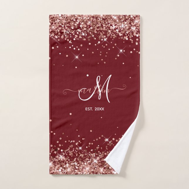 Burgund und Rose Gold Glitzer Familie Mit Monogram Handtuch (Handtuch)