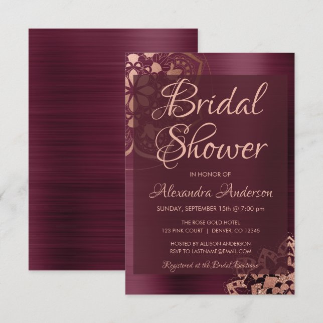 Burgund und Rose Gold Mandala Brautparty Einladung (Vorne/Hinten)