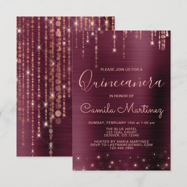 Burgund und Rose Gold Quinceanera Party Einladung (Vorne/Hinten)