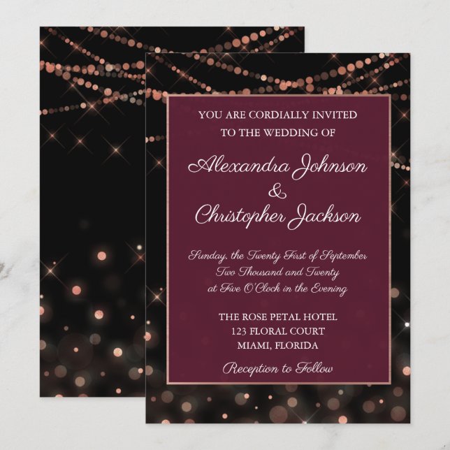 Burgund und Rose Gold String Lights Hochzeit Einladung (Vorne/Hinten)